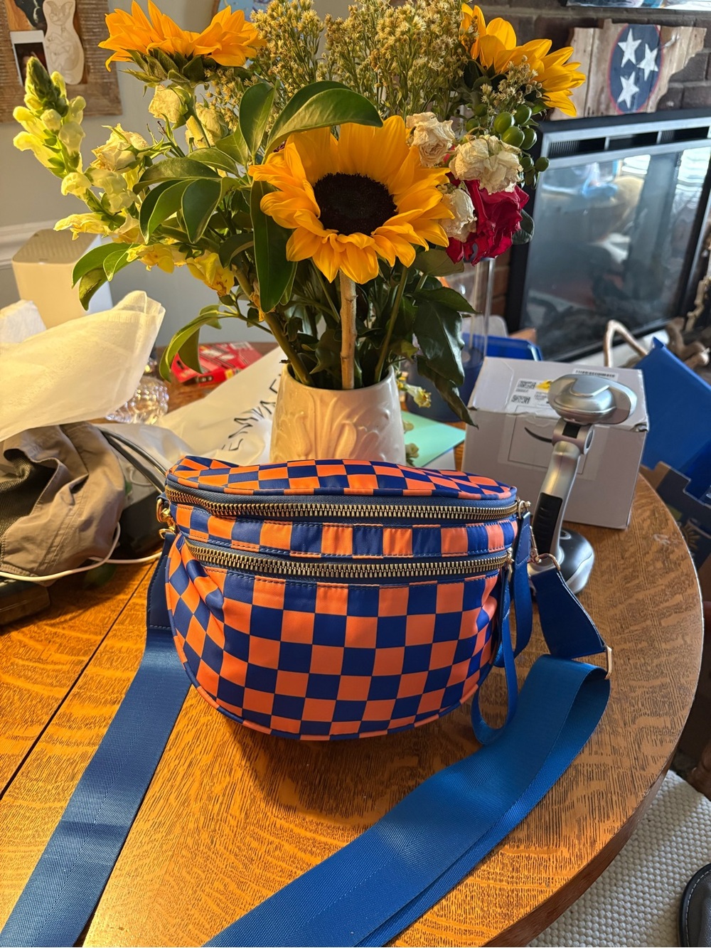 Checkerboard Blue and Orange Crossbody Belt Bag